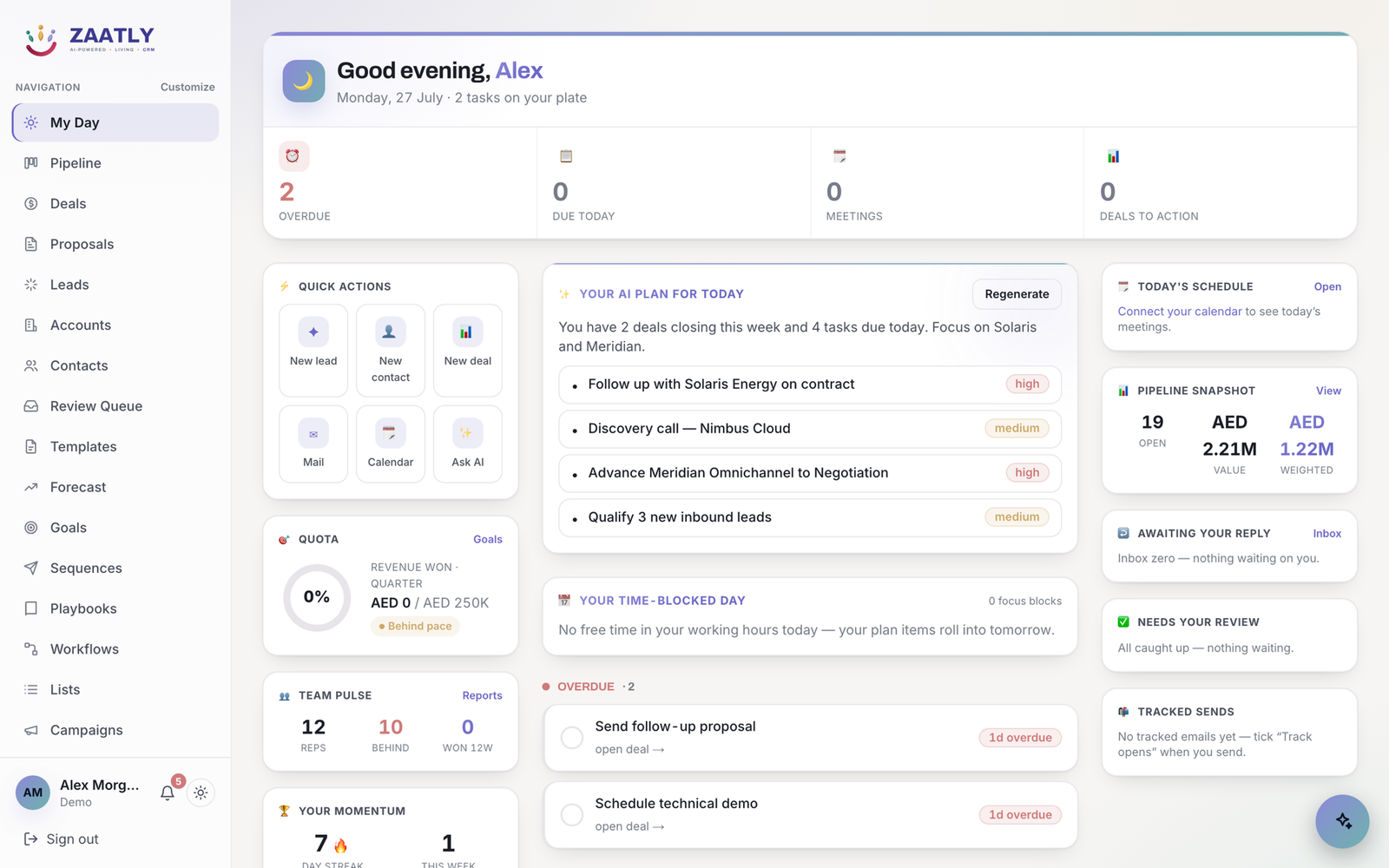 Zaatly My Day — an AI-planned day with your tasks, quota, momentum and a live pipeline snapshot
